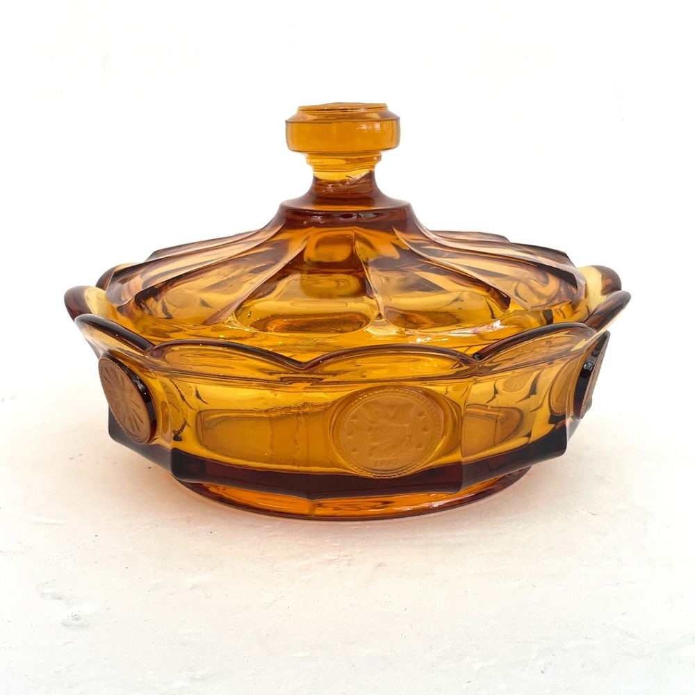 Vintage Fostoria Amber Glass Coin Candy Dish Liberty Bell Eagle Lidded Bowl 6in